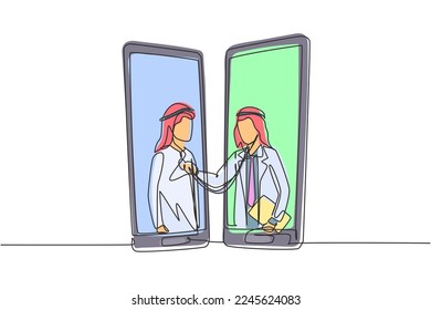 Single one line drawing two smartphones facing each other with Arabian male doctor checking heart rate of male patient using stethoscope. Modern continuous line draw design graphic vector illustration