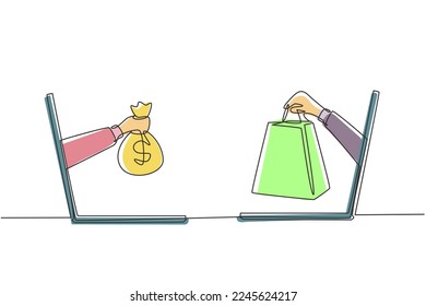 Una sola línea sacando dos manos de la pantalla del portátil para intercambiar bolsas de compras con bolsa de dinero. Venta, concepto de pago digital. Ilustración de líneas continuas moderna de diseño gráfico vectorial