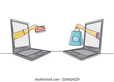 Una sola línea sacando dos manos de la pantalla del portátil para intercambiar bolsas de compras con tarjetas de crédito. Venta, concepto de pago digital. Ilustración de líneas continuas moderna de diseño gráfico vectorial