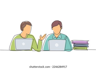 Single one line drawing two young man studying with laptop and pile of books. Back to school, smart students, online education concept. Modern continuous line draw design graphic vector illustration