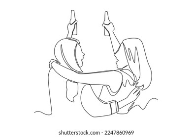 Single one line drawing two girls having fun and drinking together. Hangouts With Friends concept. Continuous line draw design graphic vector illustration.