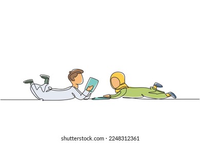 Single one line drawing two Arabian kids boy and girl reading, learning and laying down on the floor. Study at home. Smart students, education. Continuous line draw design graphic vector illustration