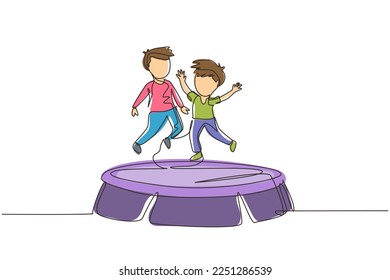 Single one line drawing two smiling boys jumping on trampoline together. Happy kids jumping on round trampoline. Active children outdoors games. Continuous line draw design graphic vector illustration