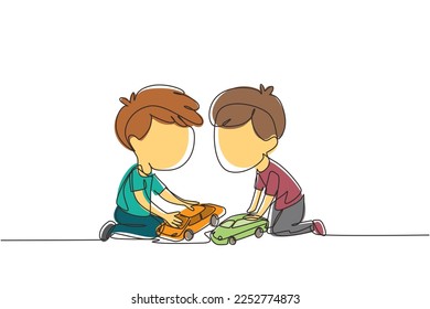 Single one line drawing two cute boys playing with their toys cars. Boy shows his toy cars to his friend. Happy kids playing together. Modern continuous line draw design graphic vector illustration