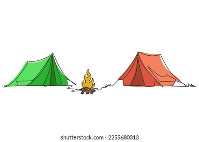 Single one line drawing two tent with bonfire. Climbing, trekking, hiking, walking. sports, camping, outdoor recreation, adventures in nature, vacation. Continuous line draw design vector illustration