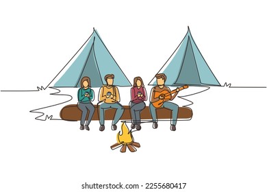 Single one line drawing two couple hikers sitting on log of wood near campfire in forest. People drinking hot tea and man playing guitar. Camping gear and backpack. Continuous line draw design vector