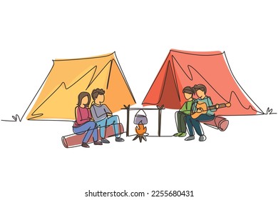 Single one line drawing two pair man woman hikers sitting log cooking water in boiling pot  Guy playing guitar   sing and friends at campfire near camp tent  Continuous line draw design vector