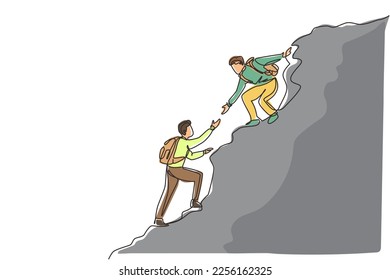 Single one line drawing two men hiker helping each other on top of mountain. Teamwork hiking help each other trust assistance. Achievement goal concept. Continuous line draw design vector illustration