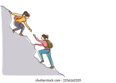 Single one line drawing two woman help each other to climb up the mountain. Help hand, hope and support. Business, success, leadership, achievement and goal concept. Continuous line draw design vector