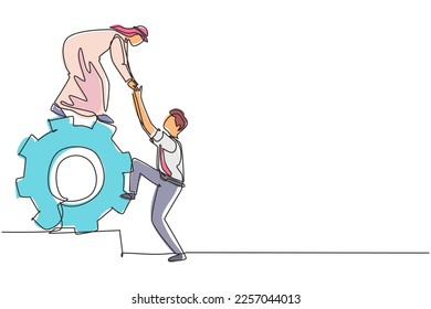 Single one line drawing two Arabic businessmen helping each other on top of cog. Teamwork people help each other trust assistance. Goal concept. Continuous line draw design graphic vector illustration