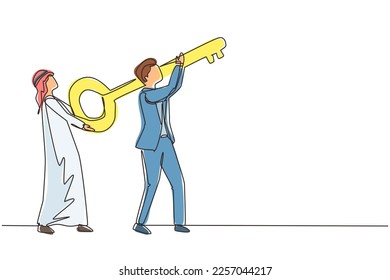 Single one line drawing two Arab businessman hold together key to open locked door. Knowledge can lead to success. People carrying big key to have access to place. Continuous line draw design vector