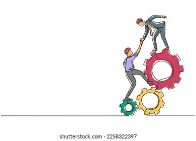 Single one line drawing two young businessmen helping each other to go up to pile of cogs. Teamwork people trust assistance. Technology gear collaboration solution. Continuous line draw design vector