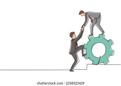 Single one line drawing two businessmen helping each other on top of cog. Teamwork people help each other trust assistance. Goal concept. Modern continuous line draw design graphic vector illustration