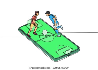 Eine einzige Zeile, die zwei Leute beim Spielen über den Smartphone-Bildschirm zeichnet. Online-Fußballspiel. Smartphone-App. Mobile Fußball. Grafische Vektorgrafik für kontinuierliche Zeilenzeichnung