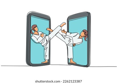 Single one line drawing two woman karate fighters comes out from cellular phone ready to fight. Professional karate fighters standing practicing karate together. Continuous line draw design vector