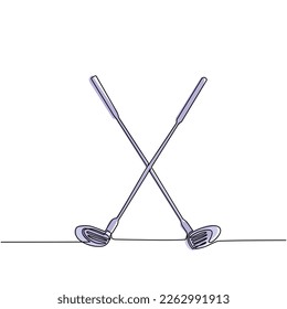 Single one line drawing two crossed golf clubs and ball. Golf equipment logo icon in trendy flat style isolated. Symbol for your web site, logo, app, UI. Continuous line draw design graphic vector
