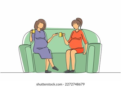 Single one line drawing two girls are sitting on couch. They drink tea, talk, share secrets. Friends, neighbors, young ladies. Cozy evening with hot drink. Continuous line draw design graphic vector