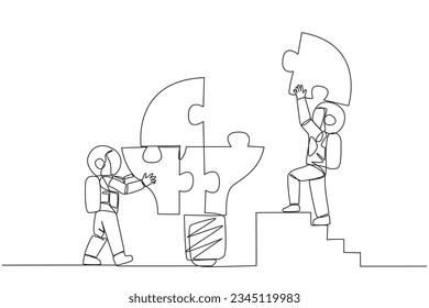 Single one line drawing two astronauts put together four lightbulb-shaped puzzle pieces. Teamwork brings ideas together. Deep space astronaut concept. Continuous line design graphic illustration