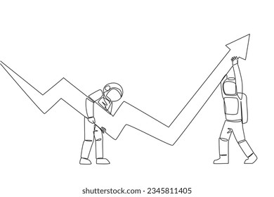 Single one line drawing two astronauts holding a large arrow chart. With their teamwork they hope that the graph will always be in rising condition. Cosmic. Continuous line design graphic illustration
