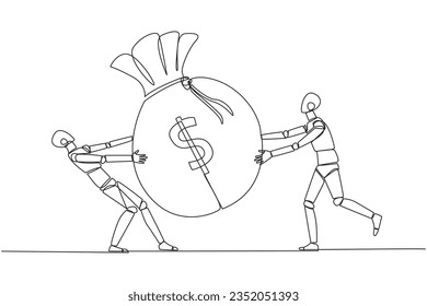 Single one line drawing two angry robot fighting over the big money bag. Fighting for additional capital after several shares were released to the public. Continuous line design graphic illustration