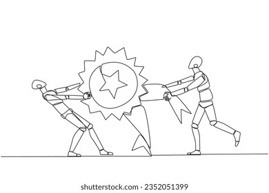 Single one line drawing two angry robot fighting over medal award. Both feel worthy of the award. Robot versus robot. Robotic conflict. Future technology. Continuous line design graphic illustration