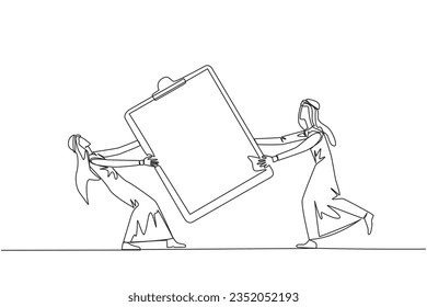 Single one line drawing two angry Arabian businessman fighting over clipboard. Useful to make it easier to check reports. Businessman conflict. Aggressive. Continuous line design graphic illustration