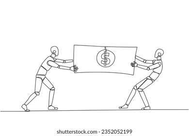 Una sola línea dibujando a dos robot furiosos peleando por los billetes. Lucha por el capital proporcionado por el gobierno a la robótica seleccionada. Rival. Tecnología. Ilustración gráfica de diseño de línea continua