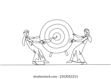 Single one line drawing two angry Arabian businessman fighting over arrow target board. Fighting for who will get the achievement first. Attack. Conflict. Continuous line design graphic illustration