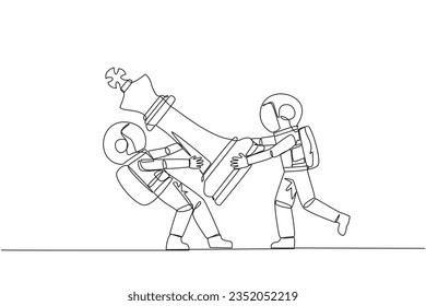 Una sola línea dibujando dos furiosos astronautas peleando sobre las grandes piezas de ajedrez del rey. La metáfora de luchar para salvar un negocio ayudando a los inversores. Rival. Ilustración gráfica de diseño de línea continua