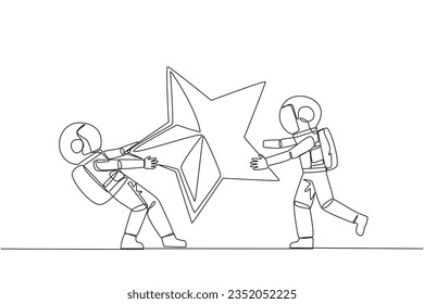 Single one line drawing two angry astronaut fighting over the star. The concept of fighting for brilliant employees for the progress of the company. Space. Continuous line design graphic illustration