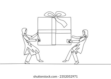 Single one line drawing two professional Arabian businesswoman fighting over gift box. Entrepreneurs against environmental pollution fight for main prize. Continuous line design graphic illustration