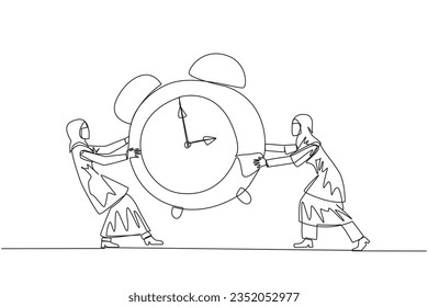 Single one line drawing two emotional Arabian businesswoman fighting over alarm clock. Concept of fighting for rare items for prestige. Conflict. Attack. Continuous line design graphic illustration