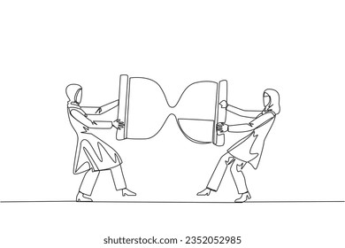 Single one line drawing two angry Arabian businesswoman fighting over hourglass. Ask each other for additional time to send the company profile. Aggressive. Continuous line design graphic illustration