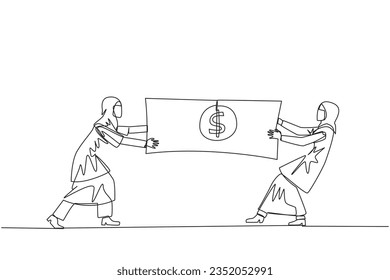 Single one line drawing two Arabian businesswoman fighting over banknotes. Fight over the capital provided by the government to selected entrepreneurs. Continuous line design graphic illustration