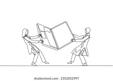 Single one line drawing two emotional Arabian businesswoman fighting over laptop. Fighting for information about very good area to be next target market. Continuous line design graphic illustration