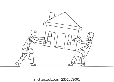 Single one line drawing two emotional Arabian businesswoman fighting over miniature house. Concept of fighting for luxurious house that they really want. Continuous line design graphic illustration