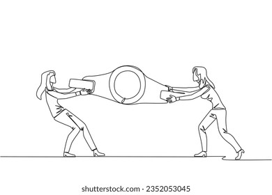 Single one line drawing two emotional businesswoman fighting over boxing belt. Fight for to be greatest and strongest businesswoman. Businesswoman battle. Continuous line design graphic illustration
