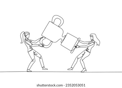 Single one line drawing two businesswoman fighting over the trophy. There are no co-champions. The two entrepreneurs are required to contest ideas again. Continuous line design graphic illustration