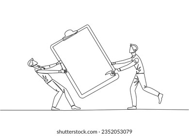 Single one line drawing two angry businessman fighting over the big clipboard. Useful to make it easier to check reports. Businessman conflict. Aggressive. Continuous line design graphic illustration