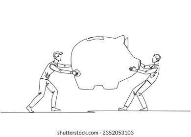 Single one line drawing two selfish businessman fighting over big piggy bank. Arguing and each other feel entitled. Businessman versus businessman. Attack. Continuous line design graphic illustration