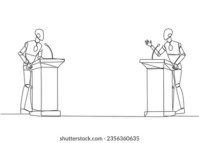Single one line drawing two robot arguing on the podium. Throwing opinions on the best way to deal with global warming. Open dialogue. Debating. AI tech. Continuous line design graphic illustration