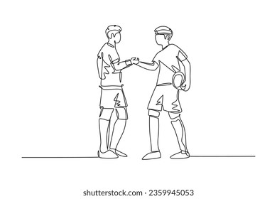 Single one line drawing two football player bring ball and handshaking to show sportsmanship before starting the match. Respect in soccer sport. Continuous line draw design graphic vector illustration