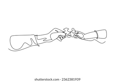Single one line drawing two hands holding puzzle pieces, want to merge together. Father or mother and son teamwork to build super family. Modern continuous line draw design graphic vector illustration