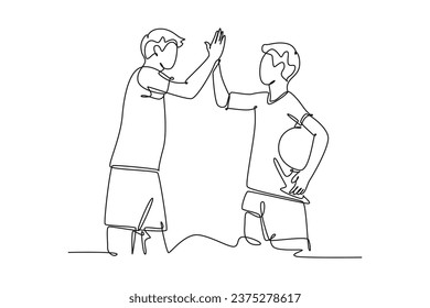 Single one line drawing two young happy man playing basket ball on outfield court and giving high five gesture. Healthy sport lifestyle concept. Continuous line draw design graphic vector illustration