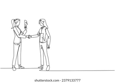 Single one line drawing two businesswomen shaking hands. One of them has two faces. Full of falsehood. Fake friend. Worst teamwork. Business betrayal. Continuous line design graphic illustration