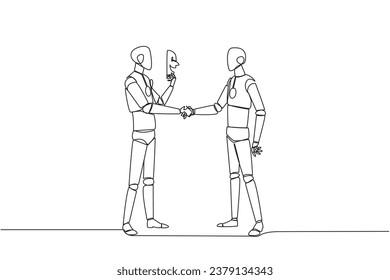 Single one line drawing the two robots shaking hands. One of them has two faces. Full of falsehood. Fake friend. Worst teamwork. Business betrayal. Traitor. Continuous line design graphic illustration