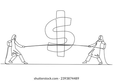 Single one line drawing two Arabian businesswomen fighting over dollar symbol. Fierce battle to get share prices which dropping drastically. Opportunities. Continuous line design graphic illustration