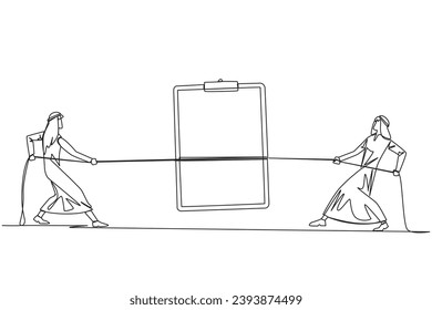 Single one line drawing two Arabian businessmen fighting over a clipboard. Compete to fill in the complete data of the best prospective clients. Profit. Continuous line design graphic illustration