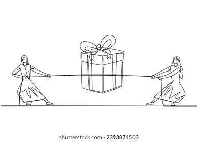 Single one line drawing two Arabian businessmen fighting over a gift box. Struggle for bonuses. The best will be the winner. Achievement of hard work. Continuous line design graphic illustration