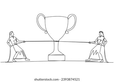 Una sola línea dibujando a dos hombres de negocios árabes luchando por el trofeo. Luchando contra los compañeros hipócritas. Quiere controlar todo. Codiciosa. Ilustración gráfica de diseño de línea continua